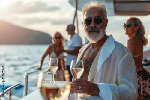 Wealthy senior man at luxury yacht party, oligarch lifestyle with glamorous women in bikini, billionaire summer cruise vacation photo