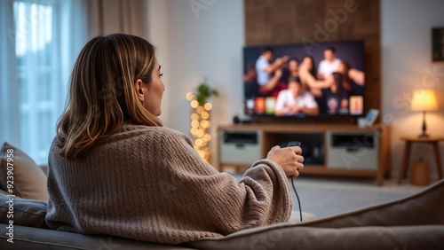 women enjoying watching tv in the confort of ther home - backview