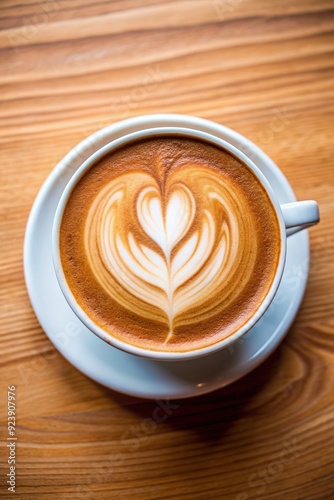 Top view of hot cappuccino white coffee cup with heart shape latte art on dark brown old wood table at café food and drink concept.