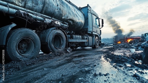 Hazardous Cleanup. Truck Accident Scene with Chemical Spill on Asphalt