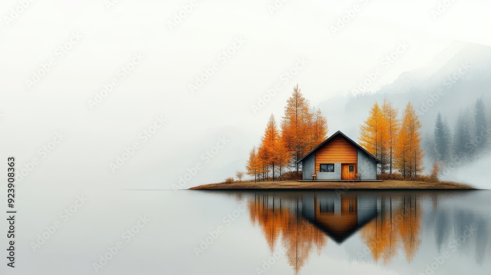 Fototapeta premium Serene autumn landscape featuring a cozy cabin surrounded by colorful trees and calm water reflections.