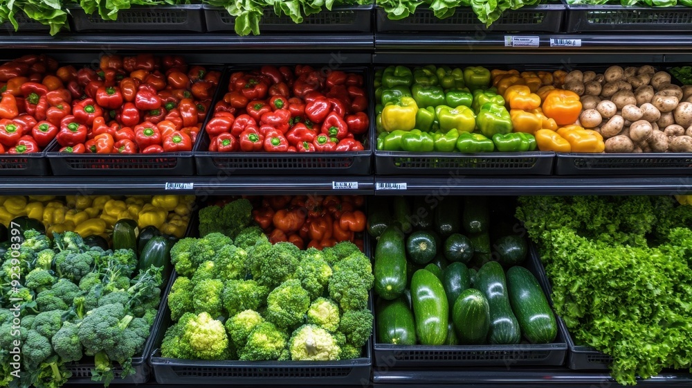 shelves in a store with fresh vegetables, vegetables in a supermarket, healthy and nutrition and vegetarianism concept