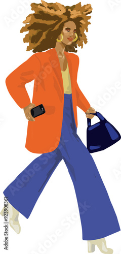 femme noire cheveux afro active court téléphone portable sac à main vecteur