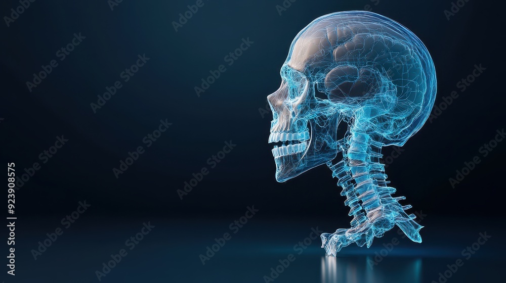 3D rendering of a human skull and spine, showcasing anatomical details against a dark background. 3D rendering of a human skull and spine, showcasing anatomical details against a dark background.