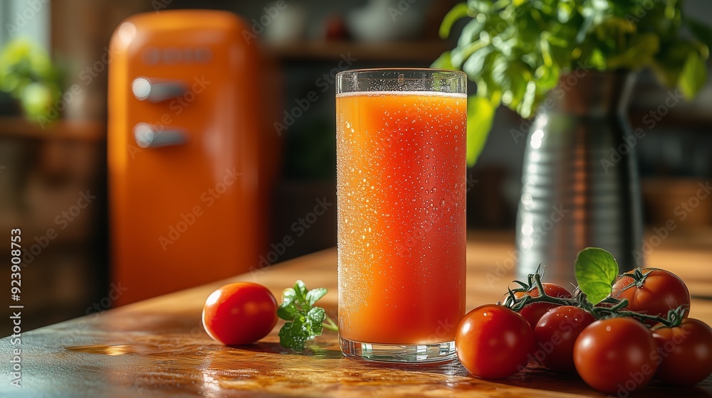 A glass of fresh tomato juice sits on a wooden table, surrounded by ripe tomatoes and a green plant, illuminated by warm sunlight. A glass of fresh tomato juice sits on a wooden table, surrounded by ripe tomatoes and a green plant, illuminated by warm sunlight.