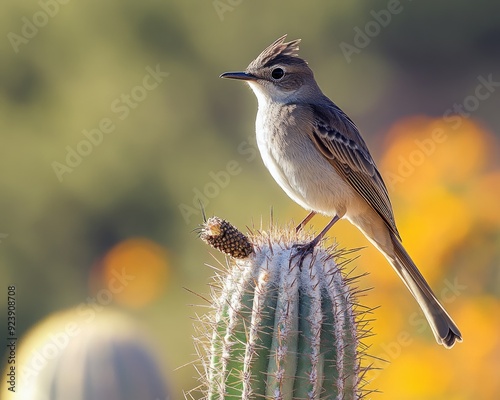 Sonoran Desert Wildlife. Brown Crested Flycatcher Feeding on Insect perched on Saguaro Cactus photo