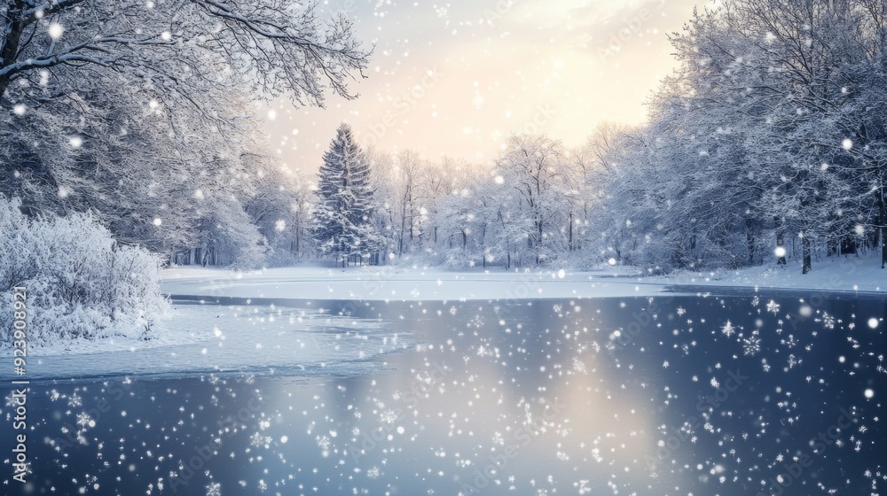 Fototapeta premium beautiful landscape of a lake surrounded by forest with a lot of snow falling