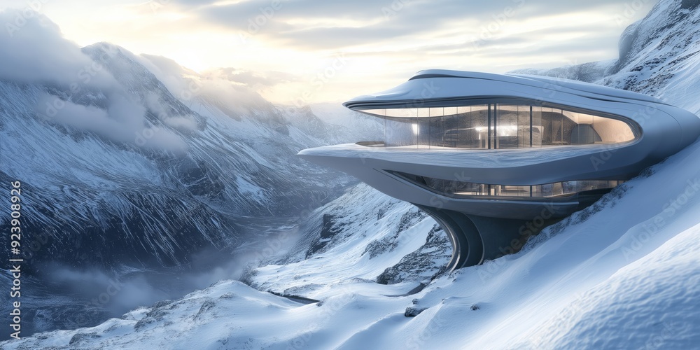 Obraz premium A sleek, metallic house sits on a snowy mountainside, blending modern design with the serene winter scenery.