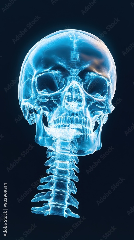 A detailed x-ray representation of a human skull and spine, highlighting the intricate structures of the human skeleton. A detailed x-ray representation of a human skull and spine, highlighting the intricate structures of the human skeleton.