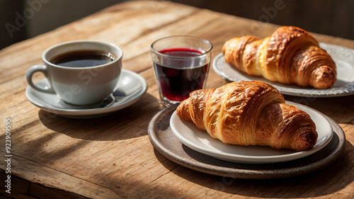 A Cozy Morning Scene With A Buttery Croissant, Jam, And A Steaming Cup Of Coffee, All On A Rustic Table, Food Image