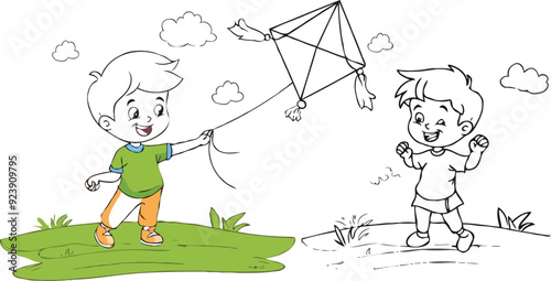 
coloring page a simple drawing of green blue with baby girl & boy flying a kite on the grassland, coloring page