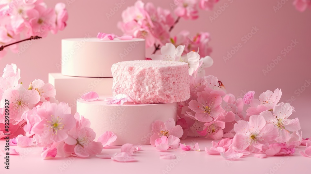 Stone block with podiums and flowers on pastel background for cosmetics presentation Stone block with podiums and flowers on pastel background for cosmetics presentation