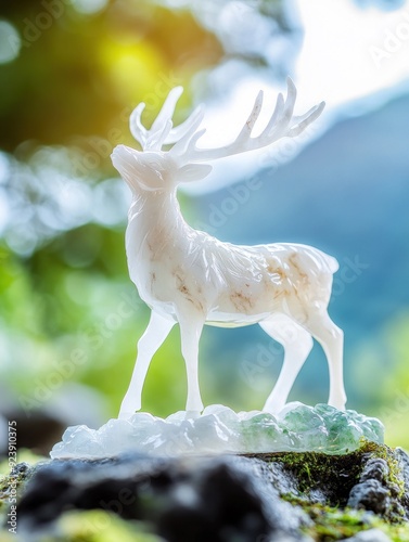 White jade deer figurine standing on a moss-covered rock.