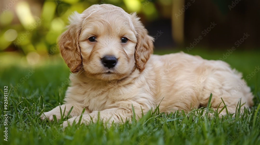 Labrador Labradoodle Puppy Playing on Grass. Cute Furry Dog with Labradoodle Breed Labrador Labradoodle Puppy Playing on Grass. Cute Furry Dog with Labradoodle Breed