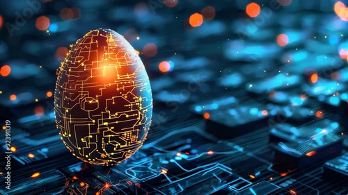 Futuristic egg with glowing circuit patterns on circuit board