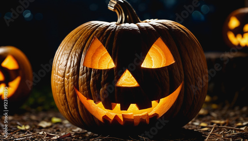 close-up of a carved pumpkin with a light inside, known as a jack-o'-lantern, in front of other similar pumpkins, Halloween photo