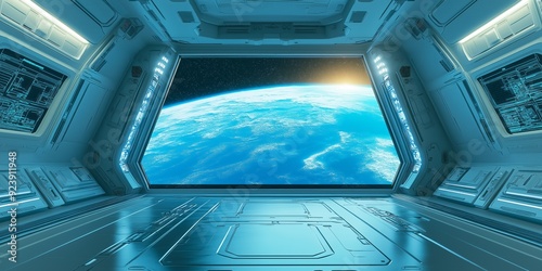 The interior of a sleek spaceship showcases a large window with a stunning view of Earth illuminated by sunlight.
