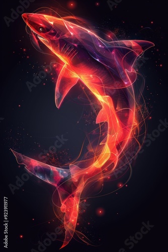 A glowing red shark with orange and purple streaks swims in a dark space.