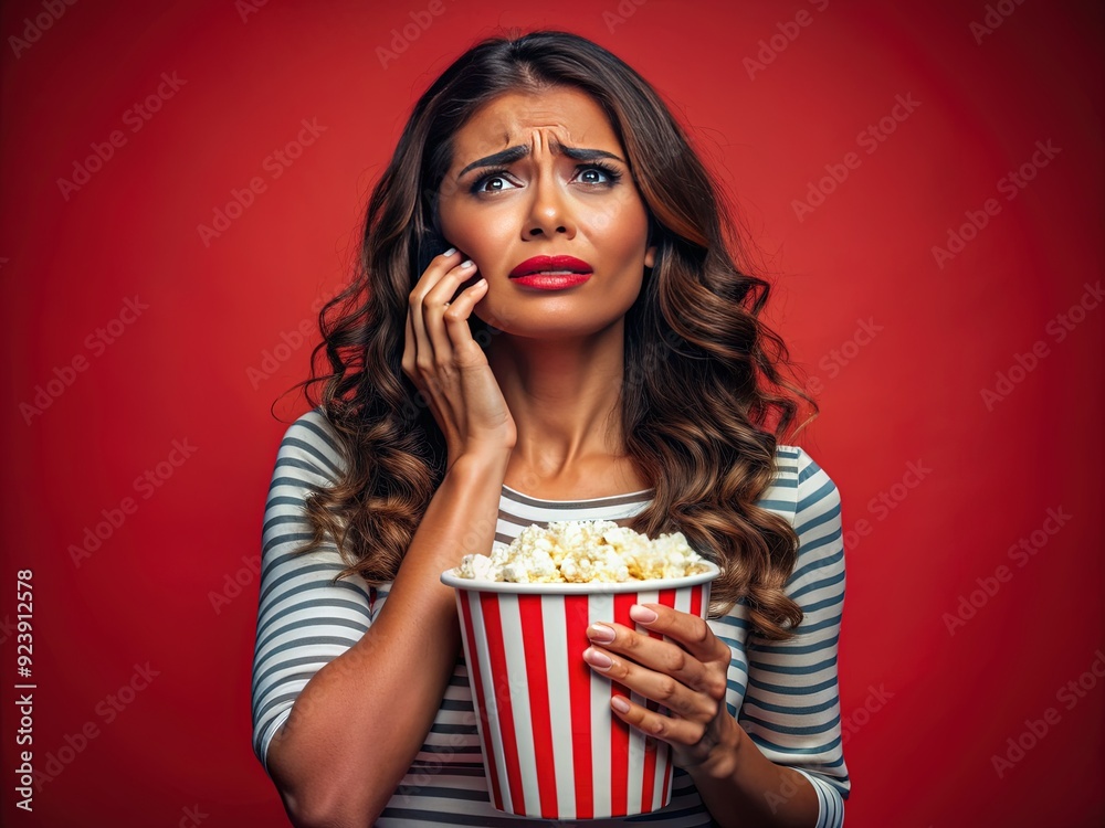 Naklejka premium Emotional Latina woman, tears streaming down her face, clutches a bucket of popcorn while intently watching a dramatic film on TV against a bold red backdrop.