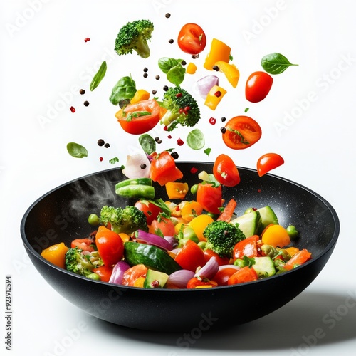 Vegetables Falling into a Black Frying Pan: A Visual Representation of Healthy Eating and Nutritious Food Concepts