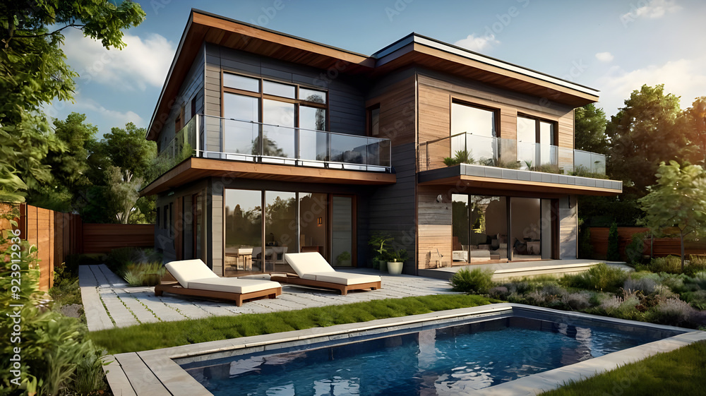 Illustrate a modern eco-friendly home with solar panels, urban green spaces, or community gardens.
