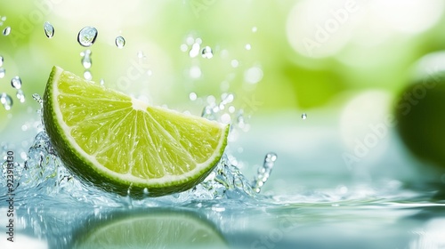 A refreshing lime slice splashes into clear water, creating sparkling droplets against a vibrant green background.