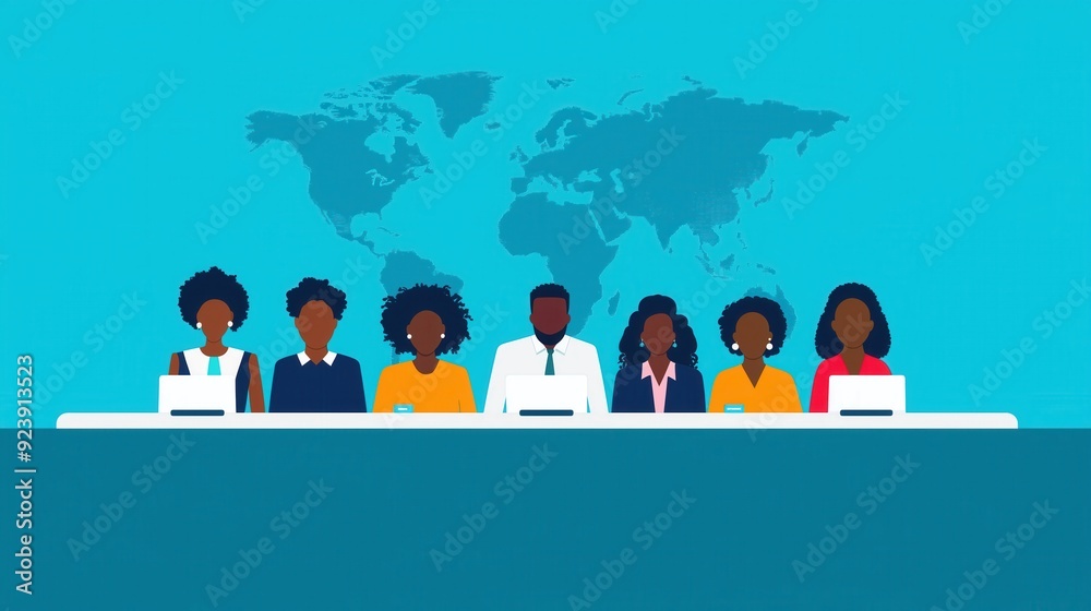 Diverse team of professionals collaborating at a conference table, with a world map in background, symbolizing global unity. Diverse team of professionals collaborating at a conference table, with a world map in background, symbolizing global unity.