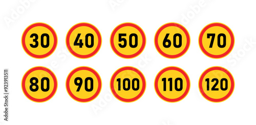 Speed limit sign set icons. Flat style. Vector icons.