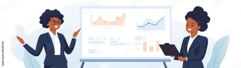 Two professional women presenting data analytics with charts during a business meeting in a modern setting. Two professional women presenting data analytics with charts during a business meeting in a modern setting.