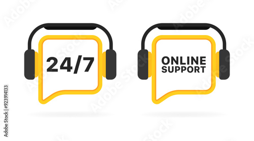 24/7 online support icons. Flat style. Vector icons.