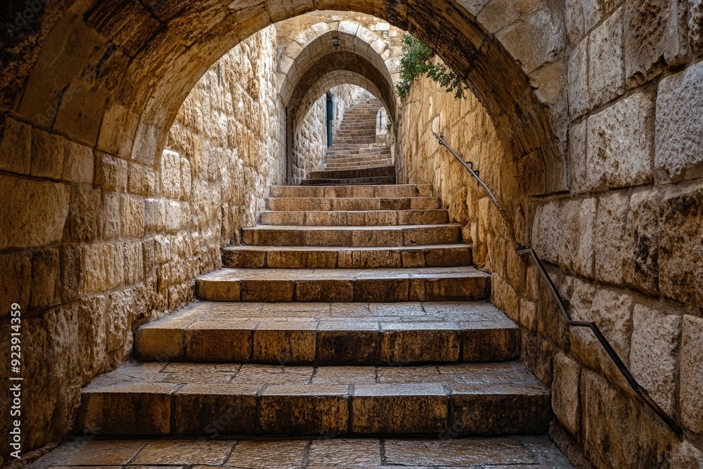 Jerusalem Alley. Hidden Passage and Stone Stairway in Old City Design Jerusalem Alley. Hidden Passage and Stone Stairway in Old City Design