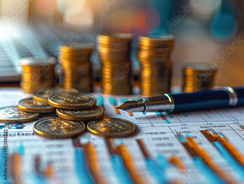 Finance and economics background with stacks money coins, pen and stocks market color graphs in blurry backdrop. Analysis of income, expenses, and investments. Drawing. Close up.