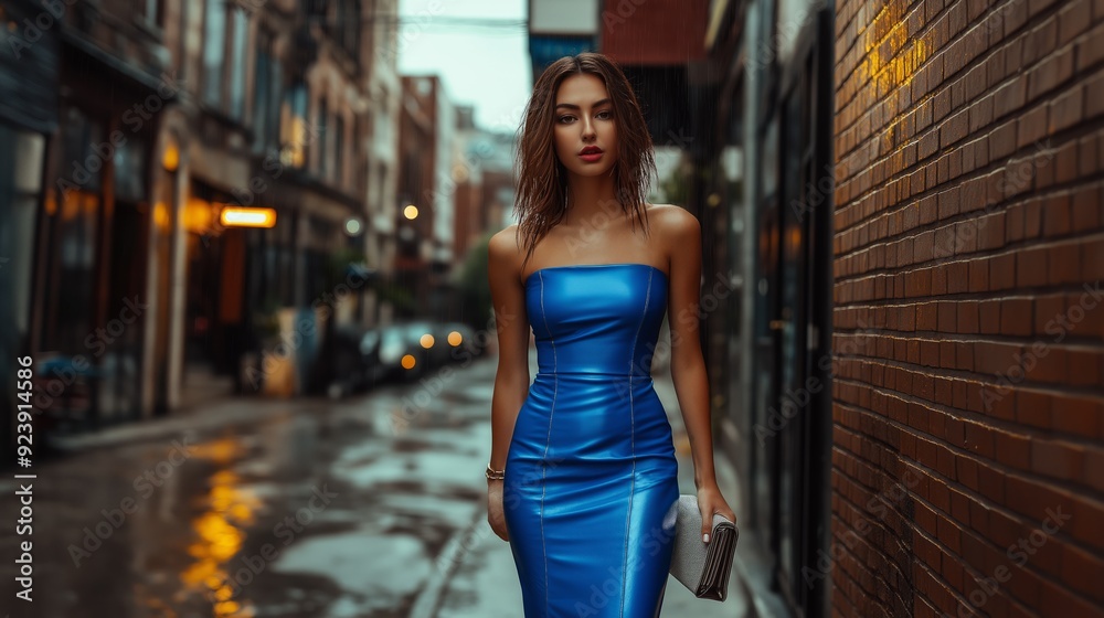 A woman confidently strolls down a wet city street, dressed in a striking blue strapless dress. Evening lights reflect off the pavement. A woman confidently strolls down a wet city street, dressed in a striking blue strapless dress. Evening lights reflect off the pavement.
