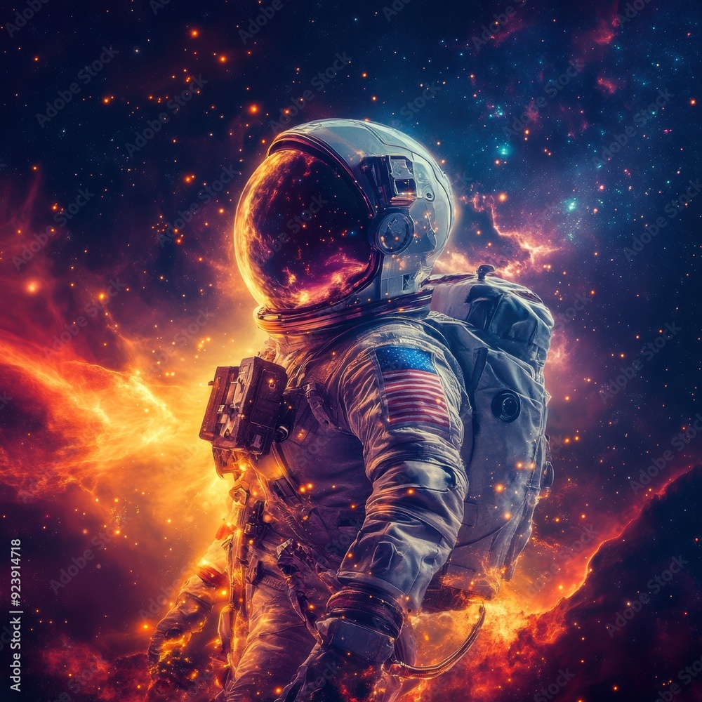 Fototapeta premium Astronaut bathed in orange light, navigating the cosmos amidst colorful nebulae and twinkling stars.