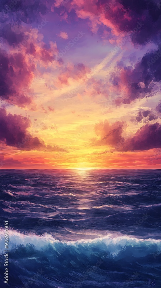 Fototapeta premium Sunset Over a Deep Blue Ocean with Rolling Waves