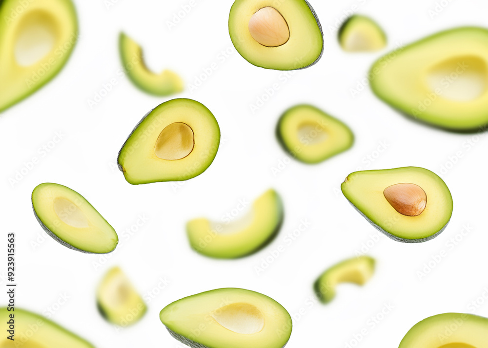 A rich and creamy collection where halved and sliced avocados float in the air, highlighting their buttery texture and vibrant green flesh, a theme of healthy eating and superfoods A rich and creamy collection where halved and sliced avocados float in the air, highlighting their buttery texture and vibrant green flesh, a theme of healthy eating and superfoods