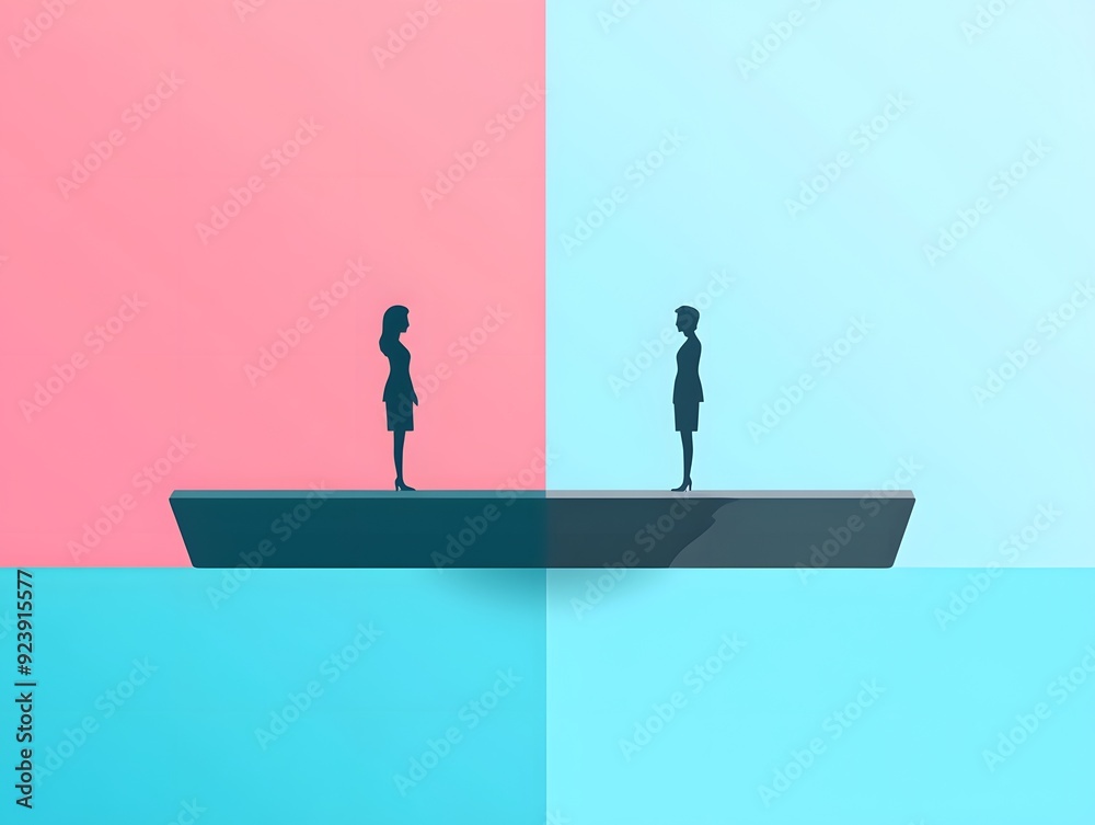 Silhouettes of a man and woman standing on a platform, facing each other, on a pink, blue and light blue background. Silhouettes of a man and woman standing on a platform, facing each other, on a pink, blue and light blue background.