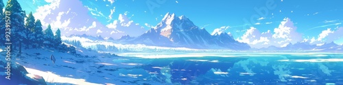 Wallpaper Mural Serene Winter Seascape with Glistening Waves and Snow-Capped Mountains: Enchanting Anime-Style 2025 New Year Artwork. Dreamy Ocean Scene for Creative Marketing, Game Illustrations, and 4K Wallpapers C Torontodigital.ca
