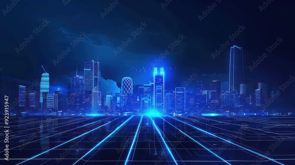 Futuristic Cityscape with Glowing Blue Lines Futuristic Cityscape with Glowing Blue Lines