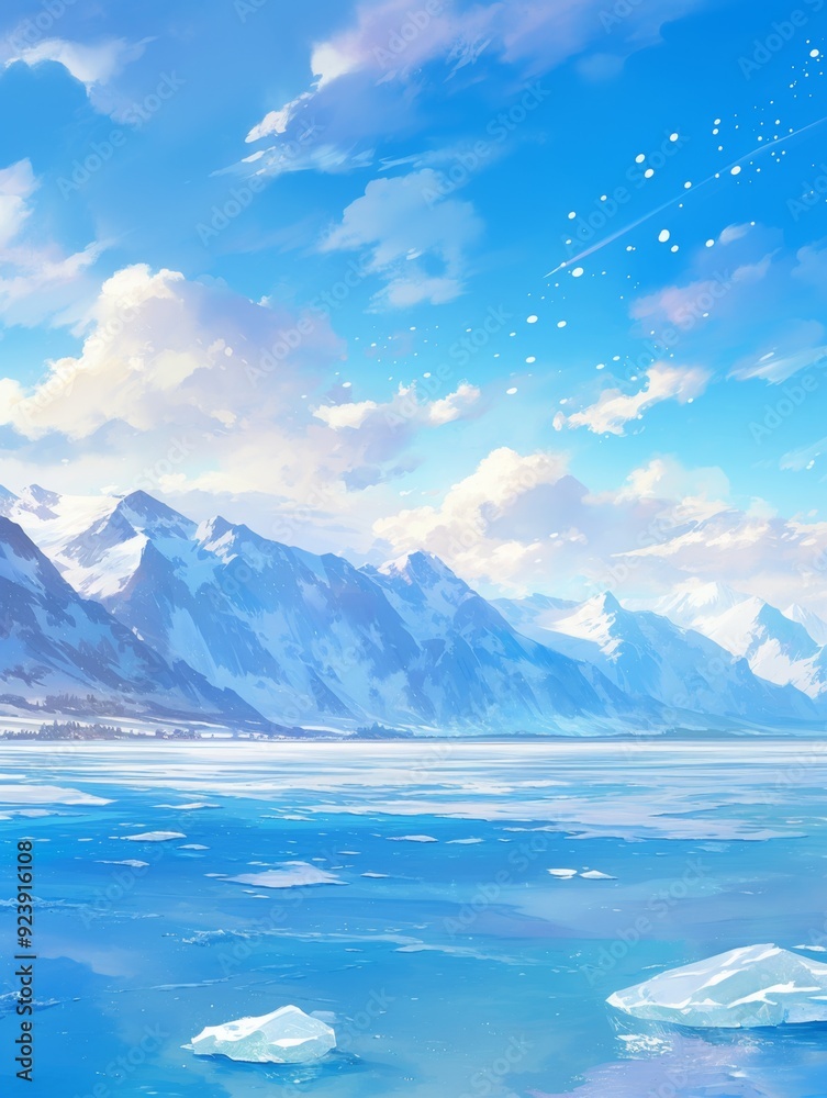 custom made wallpaper toronto digitalSerene Winter Seascape with Glistening Waves and Snow-Capped Mountains: Enchanting Anime-Style 2025 New Year Artwork. Dreamy Ocean Scene for Creative Marketing, Game Illustrations, and 4K Wallpapers C