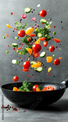 Vegetables Falling into a Black Frying Pan: A Visual Representation of Healthy Eating and Nutritious Food Concepts