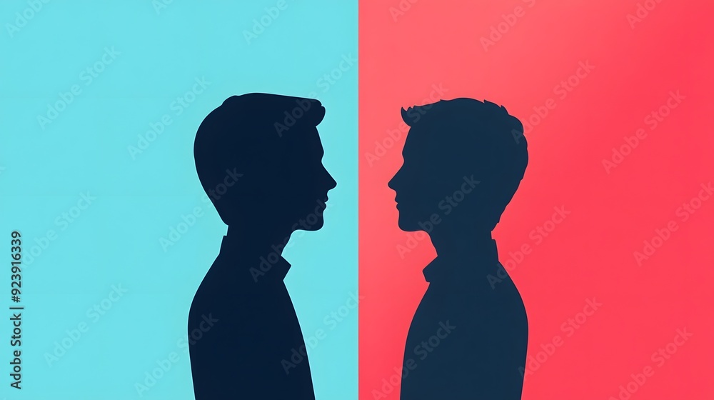 Two male silhouettes facing each other, separated by a blue and red ...