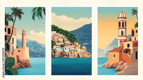 Set of Travel Destination Posters in retro style. Summer vacation, holidays concept.