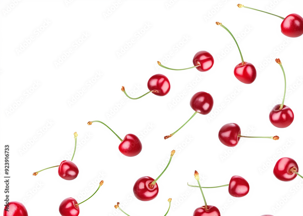 Summer, dessert and fruit-themed design with the sweet and vibrant image of ripe red cherries floating in the air, juicy textures and rich colors Summer, dessert and fruit-themed design with the sweet and vibrant image of ripe red cherries floating in the air, juicy textures and rich colors