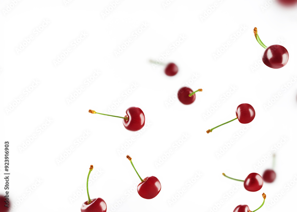 Summer, dessert and fruit-themed design with the sweet and vibrant image of ripe red cherries floating in the air, juicy textures and rich colors Summer, dessert and fruit-themed design with the sweet and vibrant image of ripe red cherries floating in the air, juicy textures and rich colors