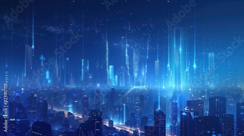 Futuristic Cityscape with Glowing Beams
