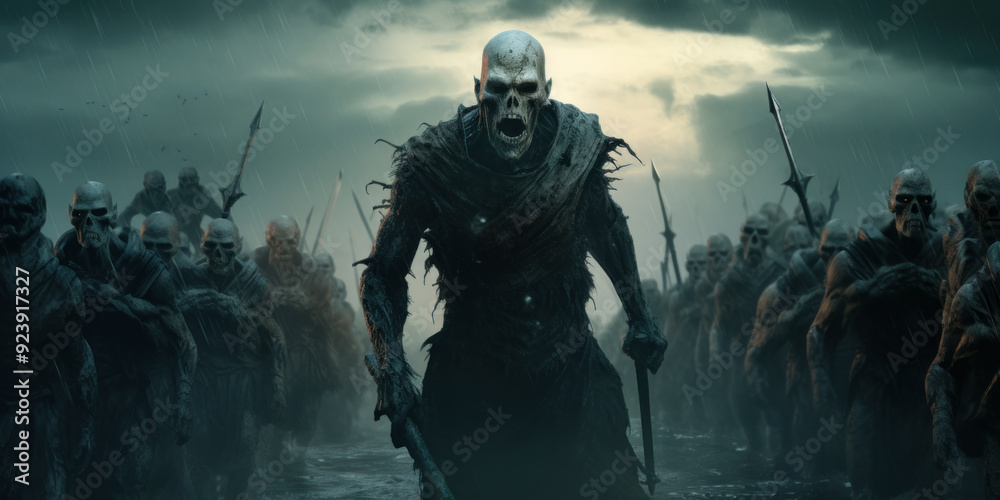 Naklejka premium Army of scary skeletons in foggy forest, spooky undead walk in mist, creepy dead on Halloween in dark woods. Concept of horror, war, death, fantasy, monster
