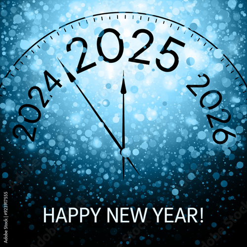 Clock showing 5 minutes before New Year 2025 vector conceptual design. New Year night time blue snow confetti. 2025 year is close. Clock hands showing 5 minutes before midnight.