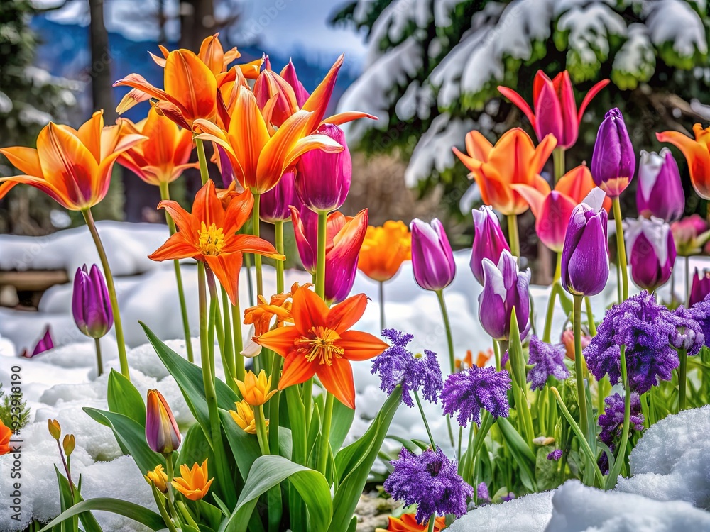 Vibrant purple columbines and orange lily-flowered tulips burst through fresh April snow, creating a colorful spring border against a serene winter-weathered backdrop. Vibrant purple columbines and orange lily-flowered tulips burst through fresh April snow, creating a colorful spring border against a serene winter-weathered backdrop.
