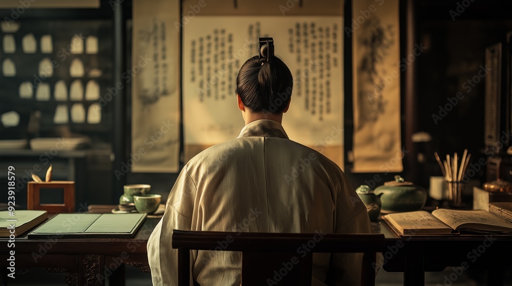A person in traditional attire sits at a wooden desk, focused on ancient texts illuminated by warm light. A person in traditional attire sits at a wooden desk, focused on ancient texts illuminated by warm light.